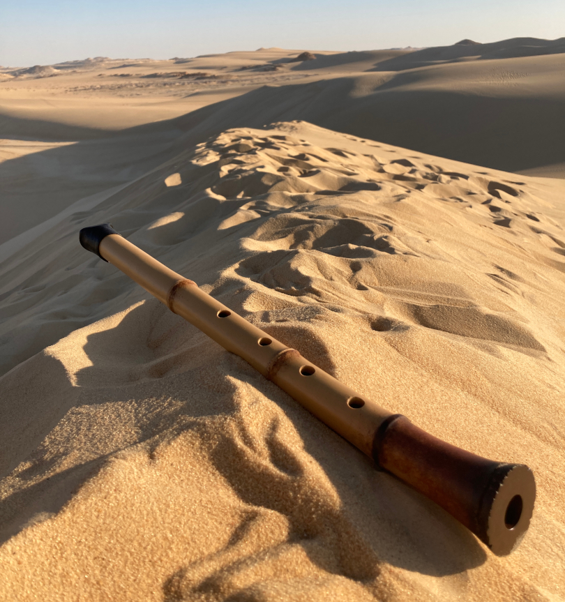 The Bell Shakuhachi in the Sahara Desert – photo by Robin Tamura